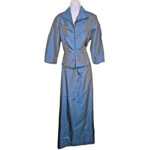 Marisa Baratelli Thai Silk Skirt Suit Set Size 10 Formal Evening Blue Rhinestone